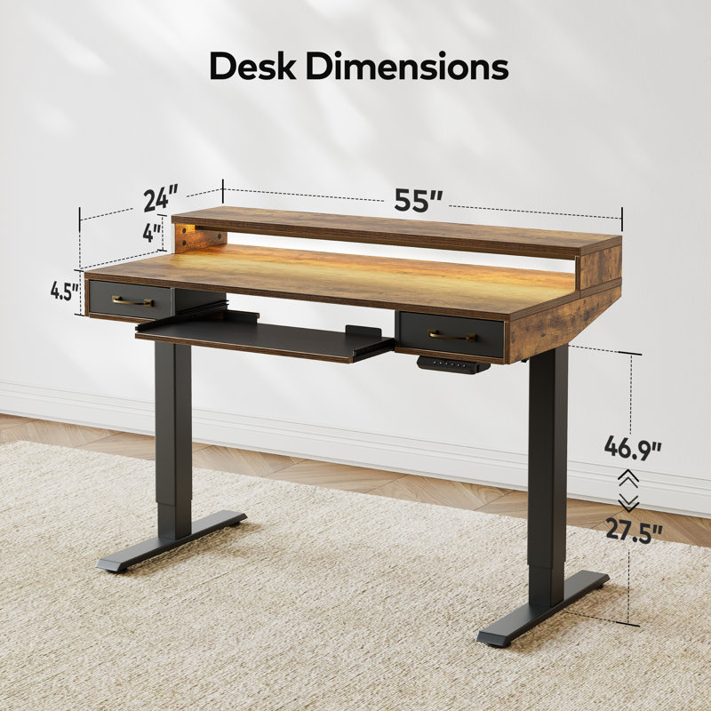 Lindenwold Rectangle Standing Desk, Rustic Brown, 46.9'' H x 55" W x 24" D