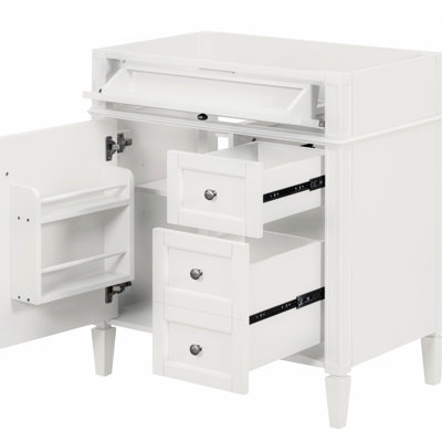 Meuble-lavabo moderne de 76 cm (30 po), 3 tiroirs, organisateur de porte d'armoire, étagère réglable, tiroir basculant, glissières de tiroir en métal lisse, poignée texturée, tableau blanc et bois massif, rangement polyvalent essentiel.
