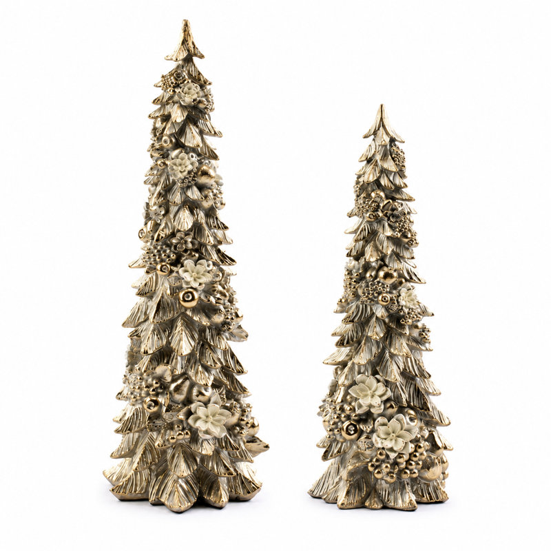 Ensemble de 2 figurines d'arbre de Noël décoratives or champagne avec accents floraux et baies