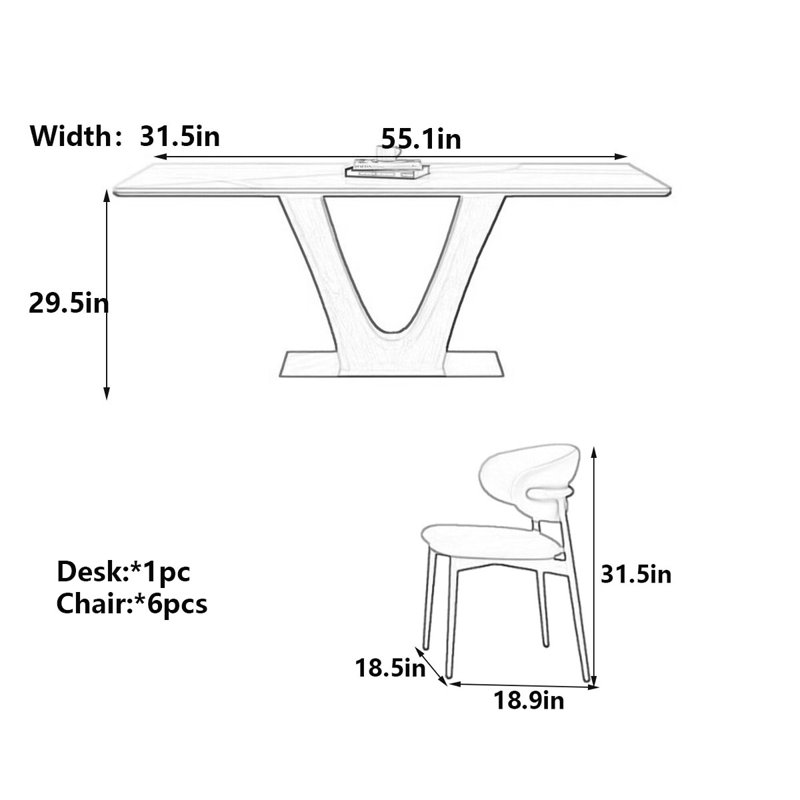 Table de salle à manger moderne en porcelaine minimaliste italienne moderne, 7, H 29,5 po x L 55,1 po x l 31,5 po
