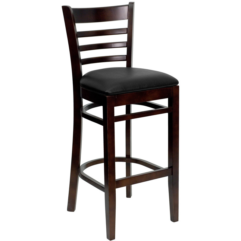 Ladder Back Wooden Restaurant Barstool, Walnut, Black
