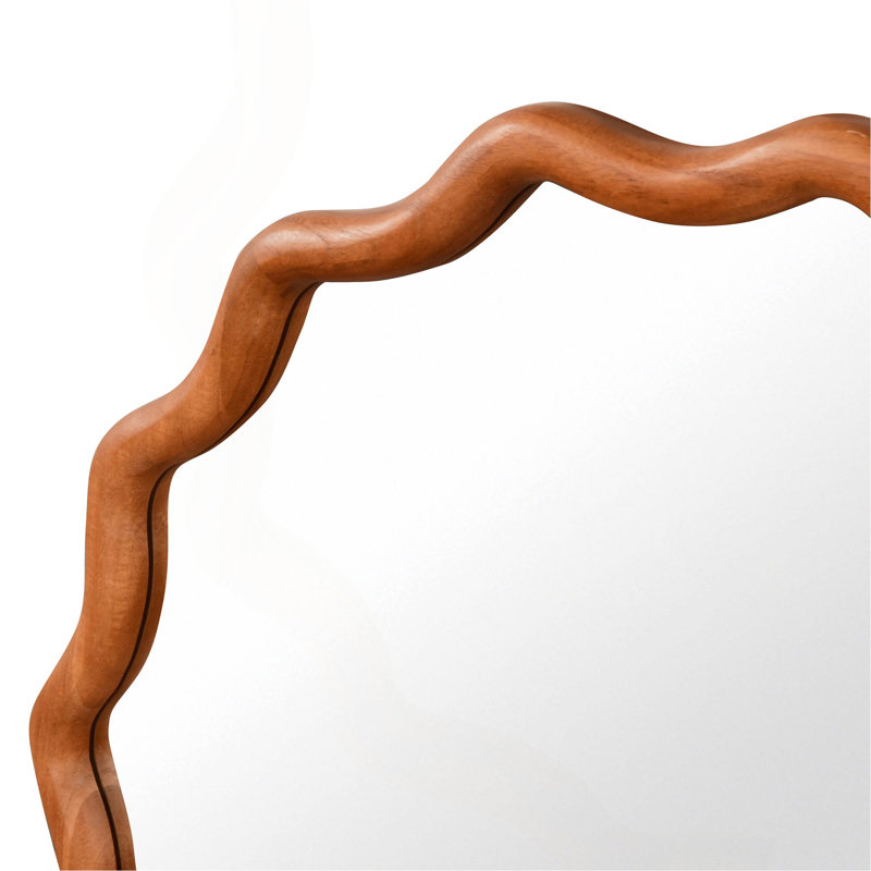 Miroir décoratif rond en bois massif Wavy, Brun jaune, 30 po x 30 po
