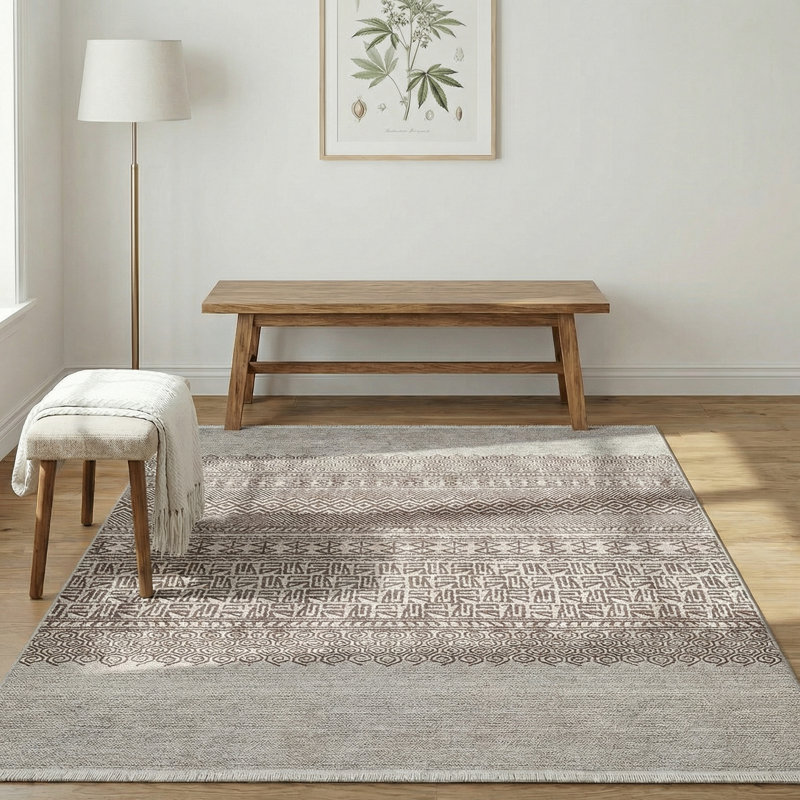 Tapis à motif géométrique marocain Thambiah, Beige, Rectangle 5 pi 3 po x 7 pi 7 po