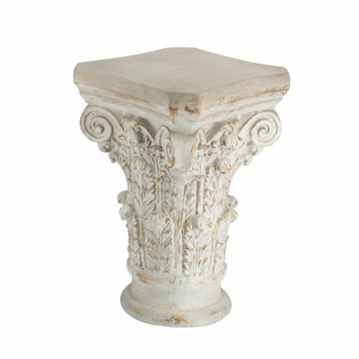 16X16x24.5" Ornate White Pedestal Stand With Scrollwork Design And Gold Accents, Distressed Display Stand