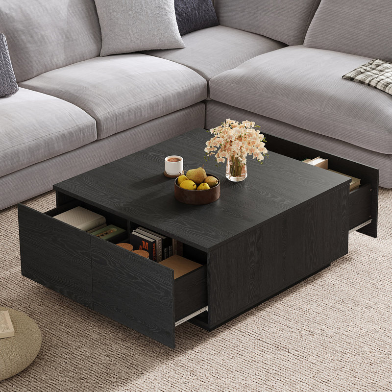 Table basse carrée 33,25 po à 4 tiroirs, noire, Noir