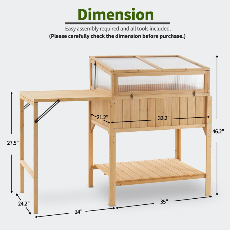Natural Fir Wood Cold Frame Greenhouse with Foldable Potting Table
