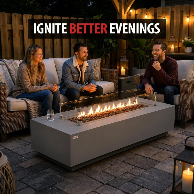 Savanah 72" Rectangular Concrete Outdoor Fire Pit Table with Lava Rocks & Protective Cover, Natural Gas, Light Gray