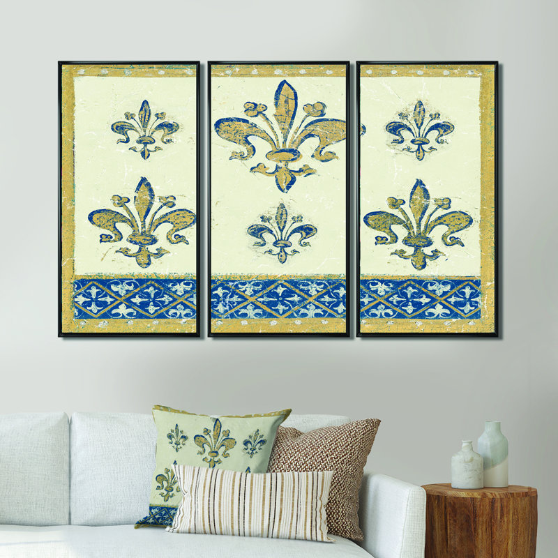 Fleur de lis, motif doré - ensemble d'art mural sur toile traditionnel encadré de 3, Noir, H 28 po x l 36 po x P 1 po