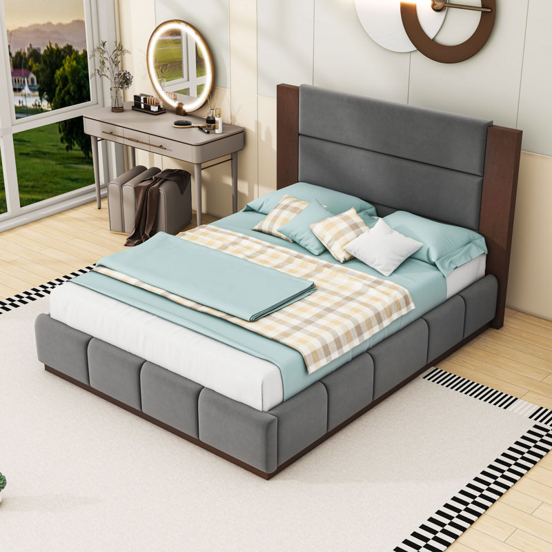 Base de lit plateforme avec tête de lit allongée, Gris, Grand lit