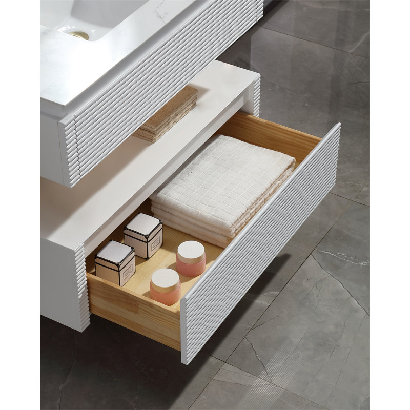 Solid wood 36'' Modern Wall Mounted Single Bathroom Vanity with Engineered Marble Top and Light, White
