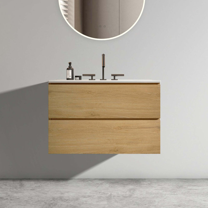 Meuble-lavabo mural 30 po avec lavabo en céramique Annamari, Naturel