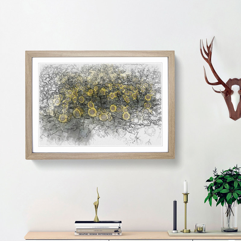Field of Yellow Sunflowers - Picture Frame Graphic Art Print, 40cm H x 60cm W x 2cm D, Oak