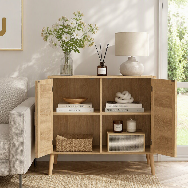 Buffet avec rangement, pieds en bois massif, 2 portes, 4 compartiments, meuble de rangement pour entrée ou salon
