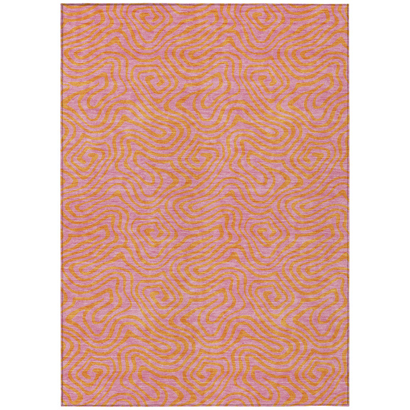 Pink and Orange Swirl Pattern Washable Synthetic Rug