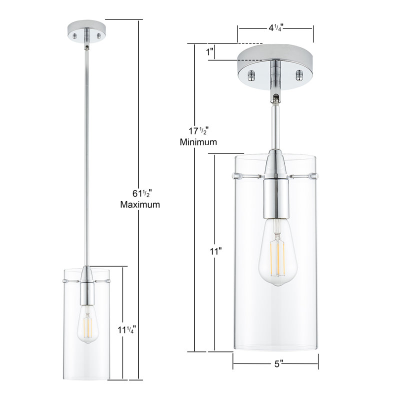 Luminaire suspendu cylindrique à 1 lumière Angelina, Polished Chrome, Large Shade, Clear