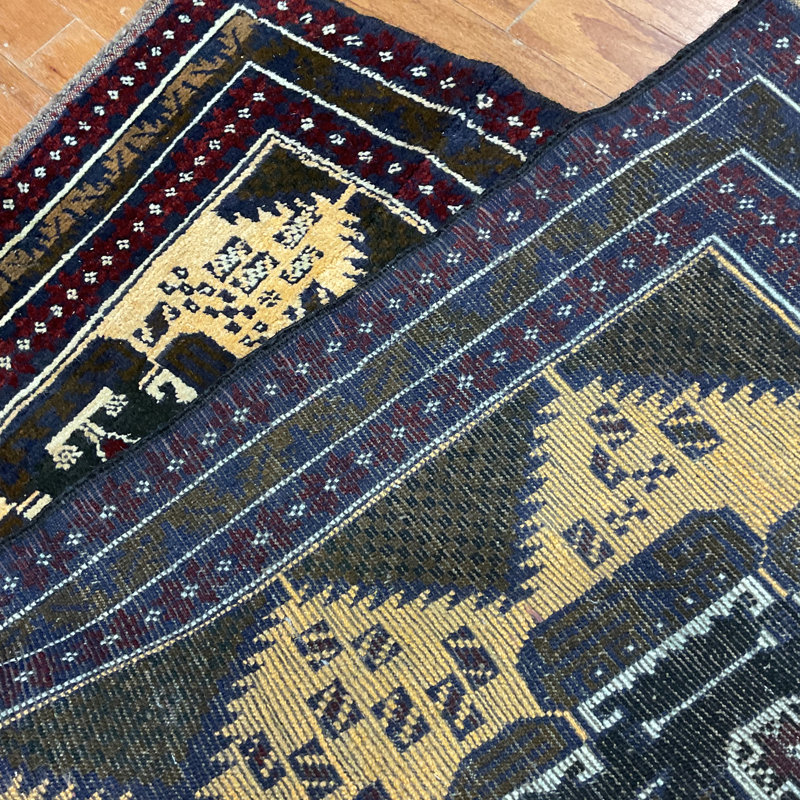 Tapis intérieur de la laine 2 pi 10 po x 4 pi 4 po noué la 1990 one-of-kind-à la main
