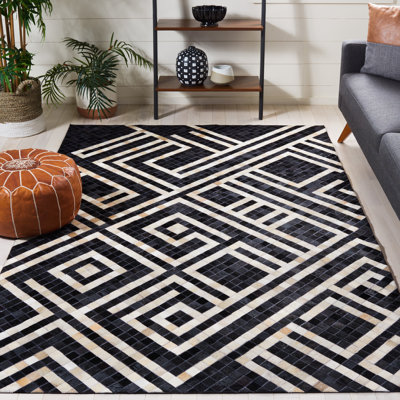 Studio Leather Flat Weave Hair On Leather Geometric Rug