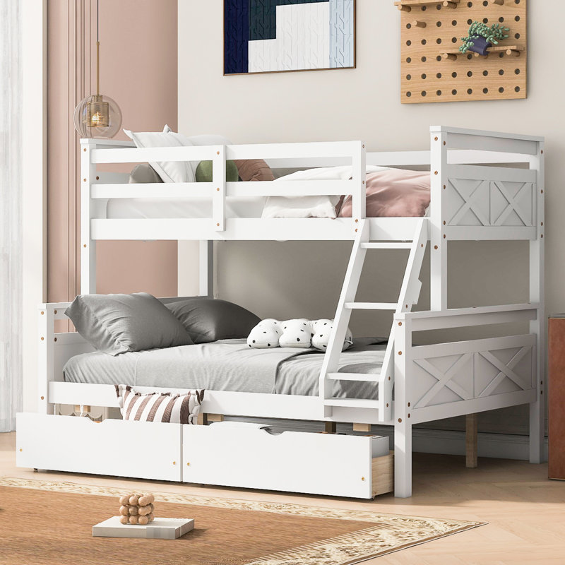 Lit superposé simple au-dessus d'un lit double avec 2 rangements et très grande sécurité, sommeil protégé, Lit simple, Blanc