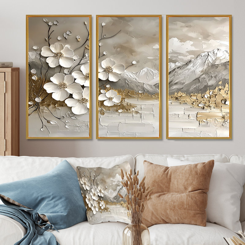 Or et blanc, Alpes bavaroises, montagnes I - ensemble de reproductions d'art mural montagnes, Toile avec cadre flottant or