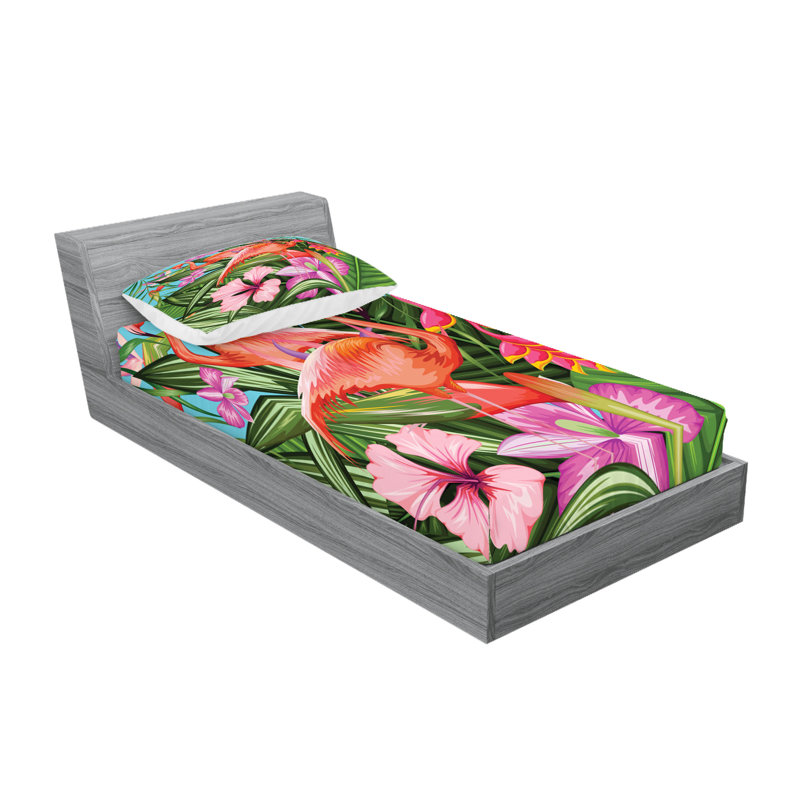 Drap-housse et coussin décoratif Ambesonne Flamingo vert rose bleu, Ensemble de draps pour lit simple + 3 pièces supp