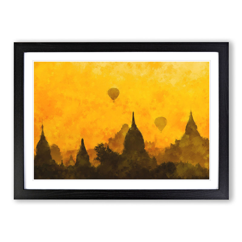 Hot Air Balloons over Old Bagan - Picture Frame Painting Print, 45cm H x 63cm W x 2cm D, Black Framed