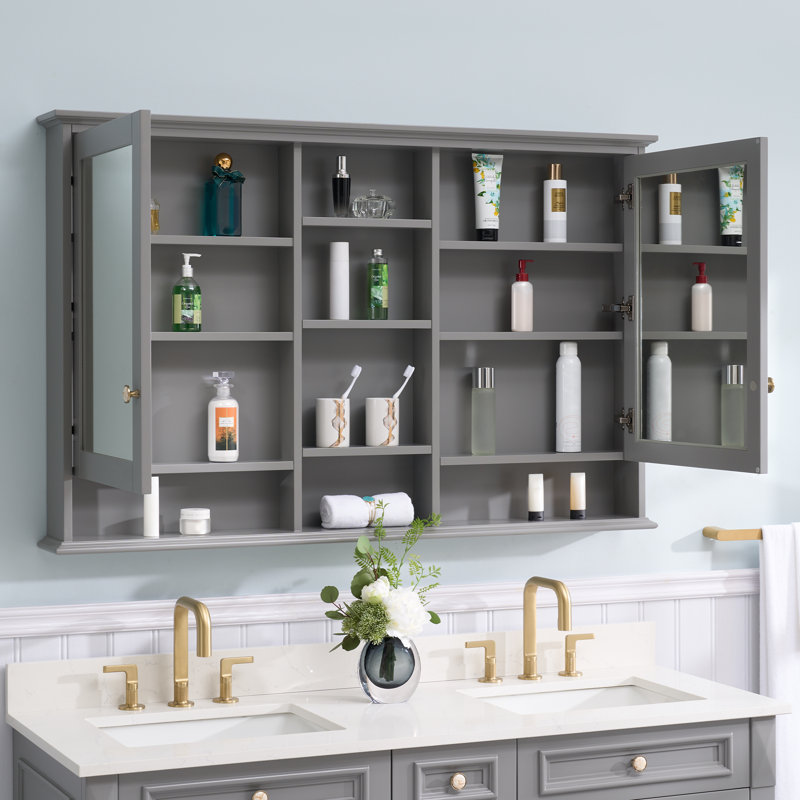 Armoire à pharmacie murale en bois massif 55 po x l 35 po avec miroir et tablettes, Gris titane