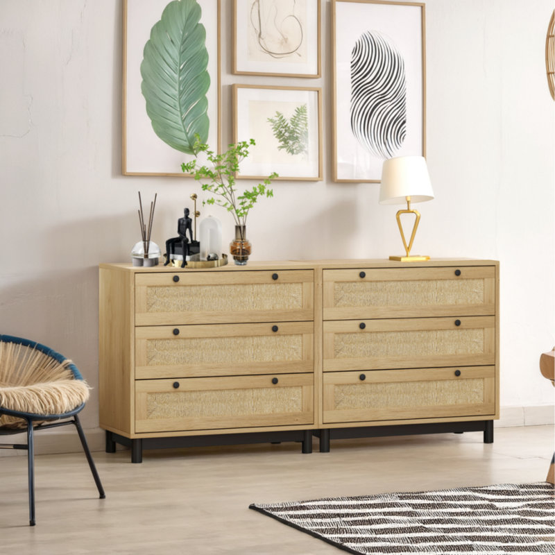 3-Drawers Rattan Storage Cabinet (Set Of 2), Suitable For Bedroom, Living Room, Dining Room And Corridor, Oak