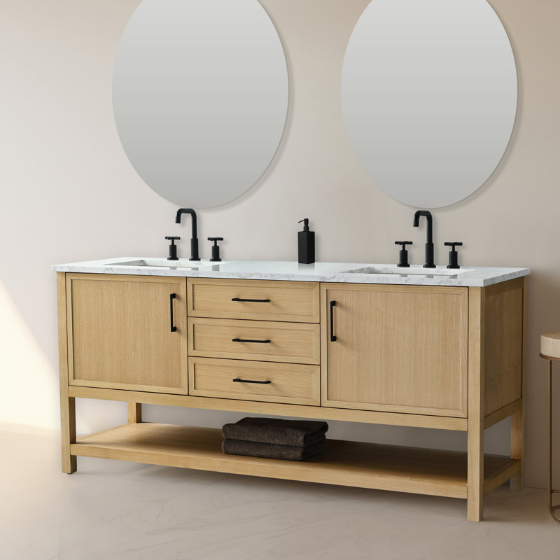 Stratford 72'' Double Bathroom Vanity with Engineered Stone Top, Light Oak/Matte Black
