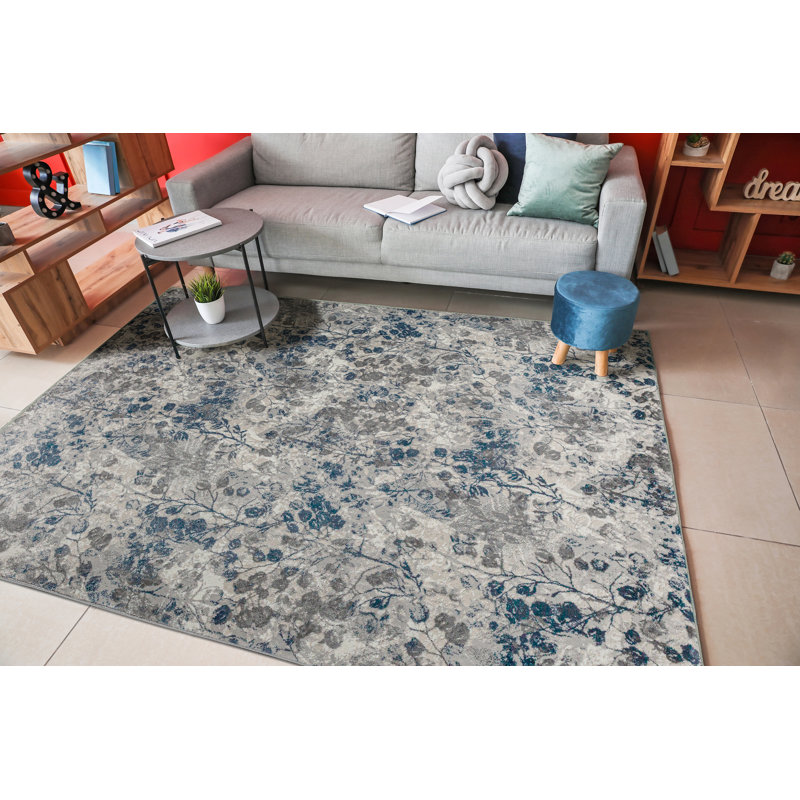 Tapis floral bleu Mamane, Rectangle 5 pi 3 po x 7 pi 3 po