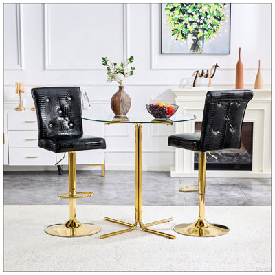 Ensemble de table de bar et de tabourets Modern, table de pub ronde en verre avec base en chrome doré et 2 tabourets de bar en cuir de polyuréthane gaufré crocodile noir avec hauteur réglable et pivotant, ensemble bistro Home Bar