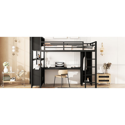 Metal Loft Bed With Wardrobe And Desk, Black Full Size, Storage For Teens Adults Size Storage, Black, Heavy Duty Desk