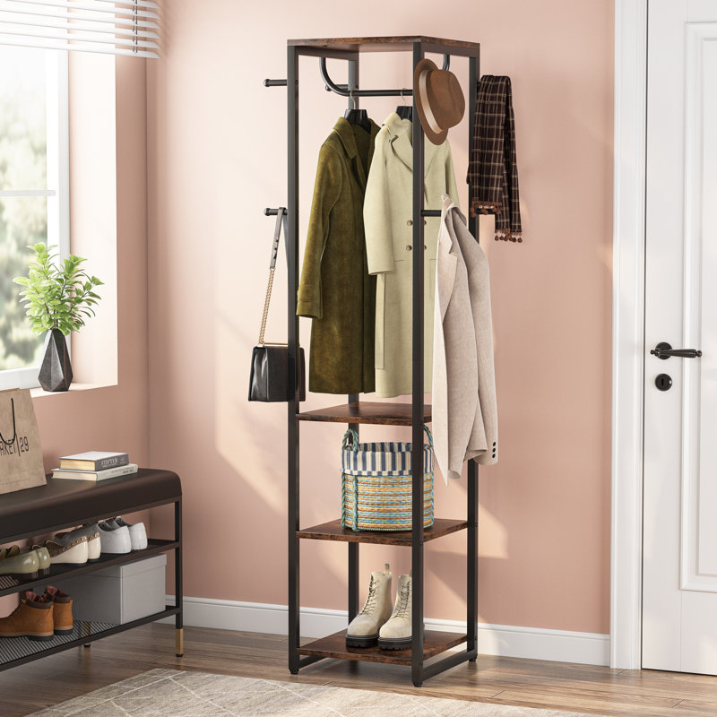70.87" H Steel Freestanding 8-Hook Coat Rack with Storage Shelf, Black/Brown