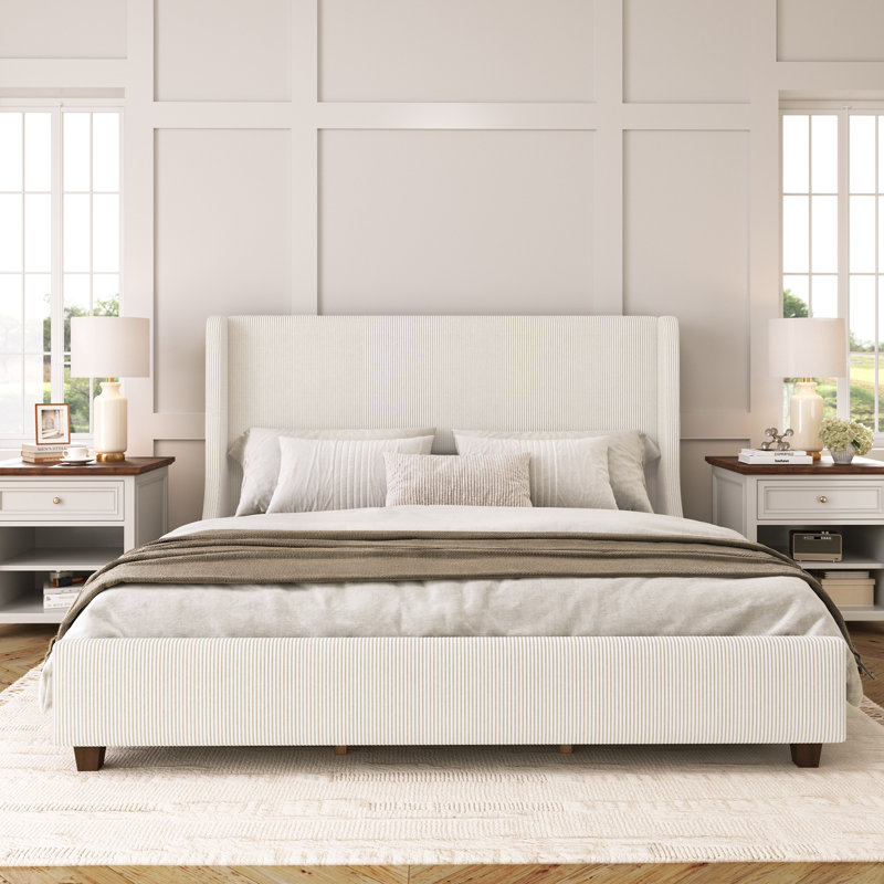 Phan Modern Textured Corduroy Upholstered Platform Bed with Wingback Headboard, Creamy, King