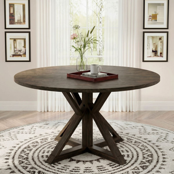 Gracie Oaks Solid Wood Round Dining Table - Pedestal Base Farmhouse ...