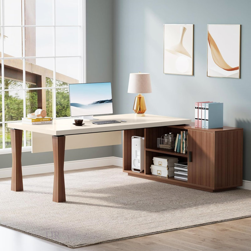 Bureau de direction en L de 78,7 pouces avec armoire de rangement, bureau à domicile moderne avec tablettes et support pour unité centrale, bureau d'ordinateur blanc crème et noyer pour professionnels