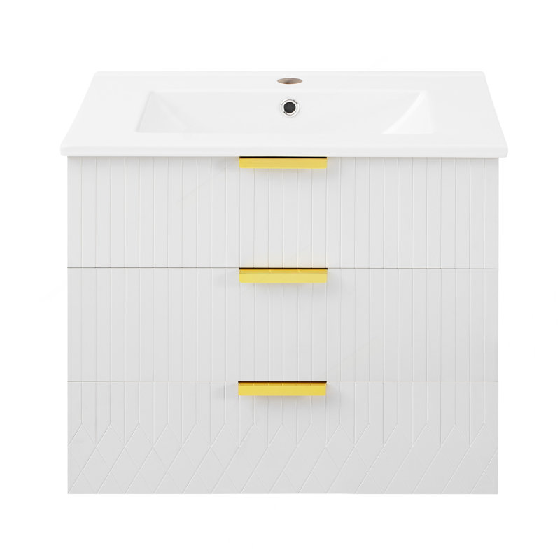Armoire murale suspendue 24 po avec tiroir double, petit lavabo de salle de bain rectangulaire flottant avec trou de robinet simple et trop-plein, armoire de salle de bain moderne avec lavabo en céramique