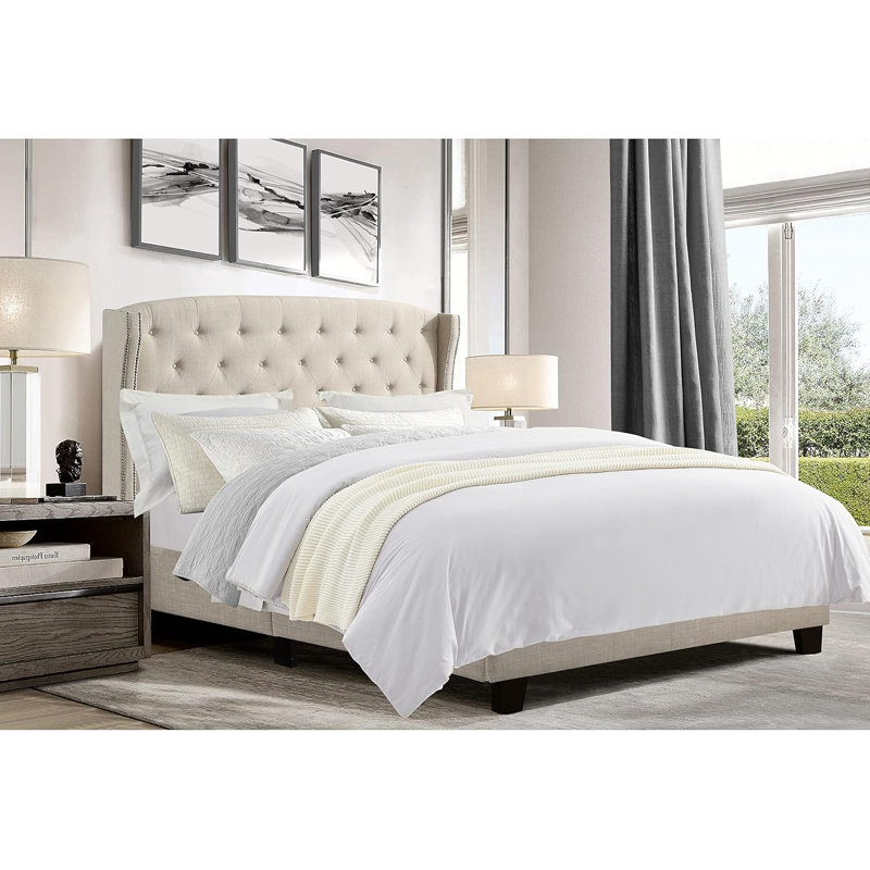 Structure de lit avec tête de lit capitonnée / revêtement en tissu, Beige, Lit double