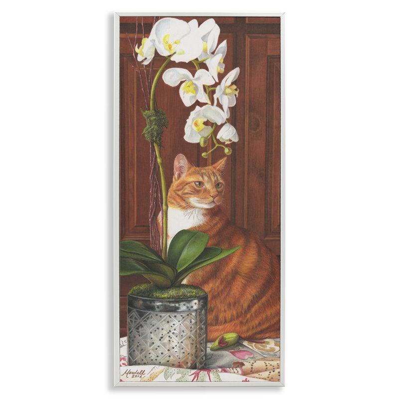 Art de giclée de chat et de fleur d'orchidée par Mardell Schuster, Estampe numérique encadrée blanc bord de mer