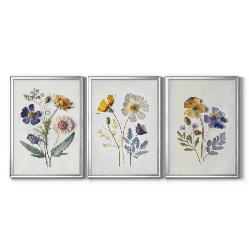 Pressed Flower Memories I - Toile tendue avec châssis sur mesure - 3 pièces, H 21 po x l 30 po, Argent argent