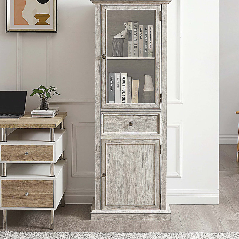 Modern Tall Storage Cabinet Bookcase with Glass Doors & Shelves, Versatile Freestanding Sideboard Pantry Cabinet with Drawer