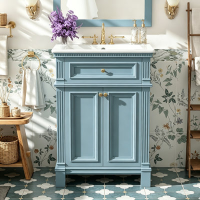 24 Inch Vintage Bathroom Vanity With Ceramic Sink, Soft Close Doors & Adjustable Storage Shelf