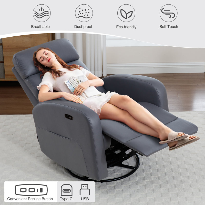 Gray Faux Leather Swivel Rocker Recliner with USB Port