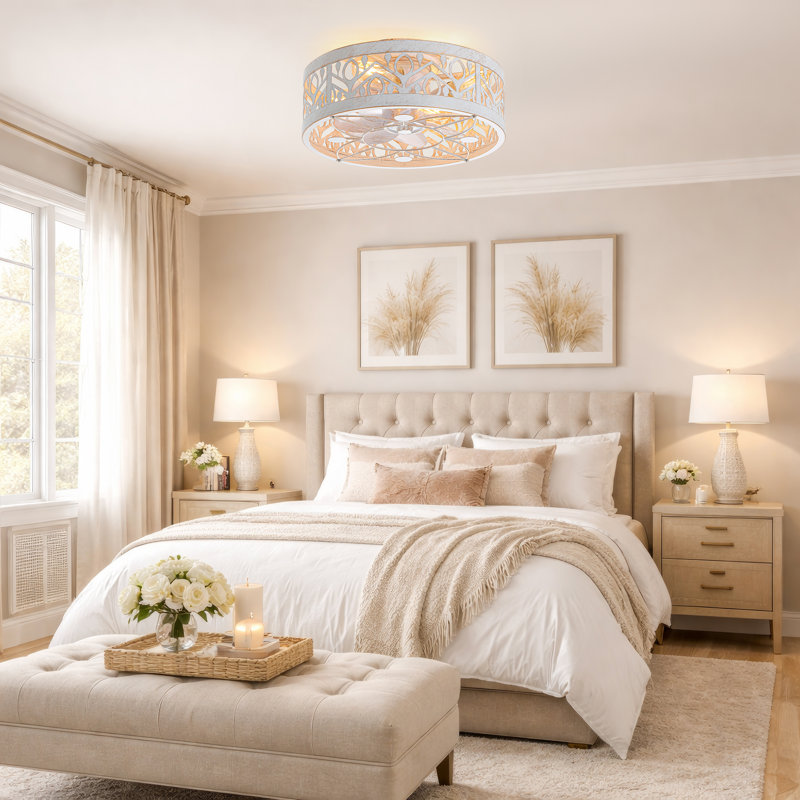 Cretien 17" 7-Blade Indoor Enclosed Caged Flush Mount Ceiling Fan with the Remote Control, White, Distressed Gold/White