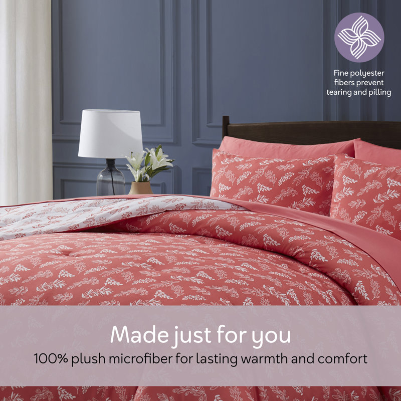 Nestl Botanical Bed in a Bag 7 piece Comforter Set with Sheets & Pillow Shams, Flamingo Pink/Cloudstone