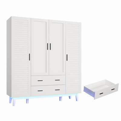 4 Door 71" Armoire Wardrobe With LED Lights, Hanging Rod, Drawers, And Shelves