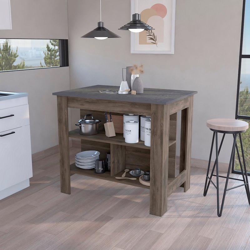 Îlot de cuisine, trois tablettes, finition brun foncé / onyx, Marron foncé