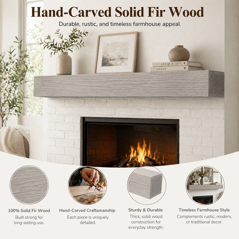 Hand Carved Fireplace Mantel 48" Rustic Solid Fir Wood Wall-Mounted Decor For Living Room, Kitchen, Entryway – Invisible Heavy Duty Bracket, Farmhouse Style Gray Mantel Shelf