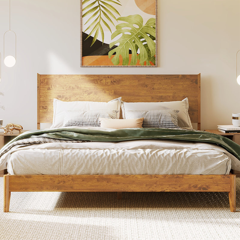 Structure de lit grand en bois massif avec tête de lit, lit plateforme scandinave d'une capacité de 800 lb, finition caramel, antidérapant et silencieux, aucun sommier tapissier nécessaire