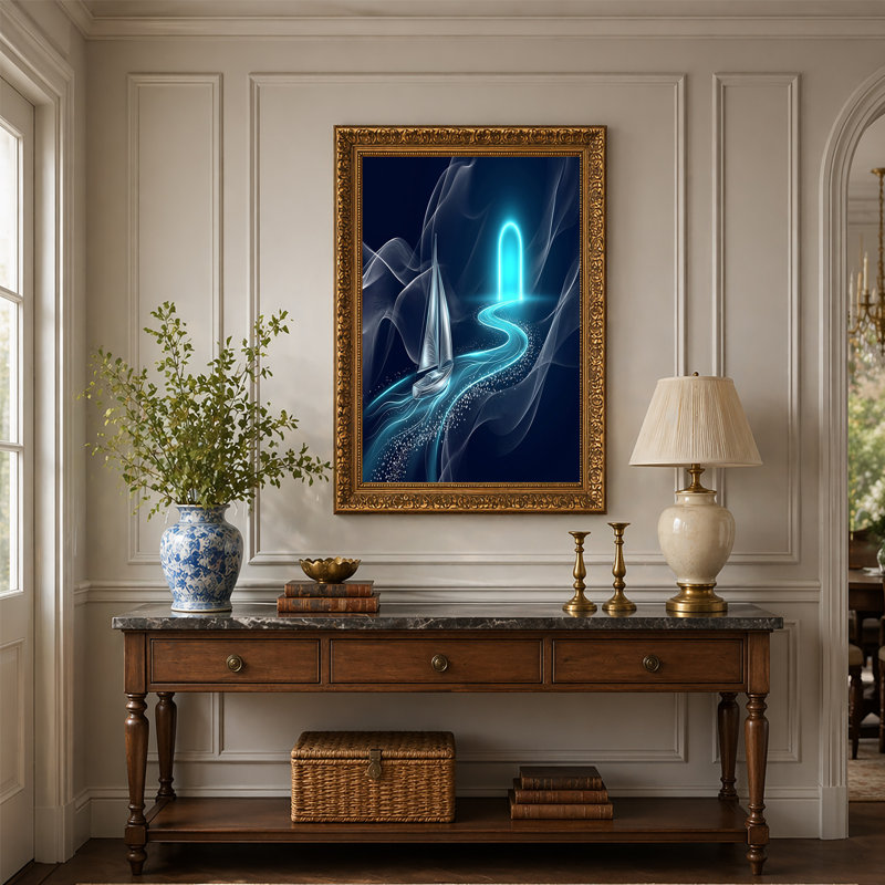 Art mural en toile voilier argenté, H 32 po x l 48 po
