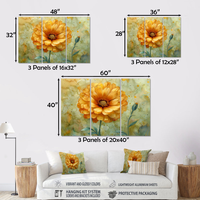 Jaune jaune vert Tender Bloom Marigold - ensemble d'art mural souci, H 28 po x l 36 po x P 1 po